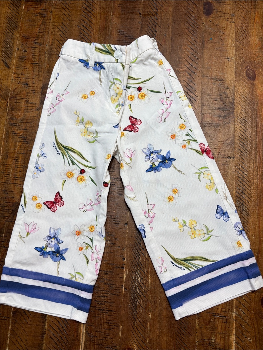 Monnalisa Made in Italy White Floral Girls Cutoff Wide Leg Pants Culottes Size 6